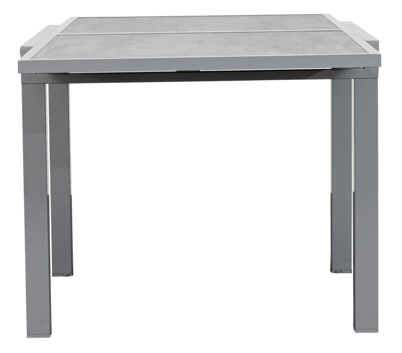 Moderner Gartentisch aus Metall mit grauer Tischplatte, frontale Ansicht
