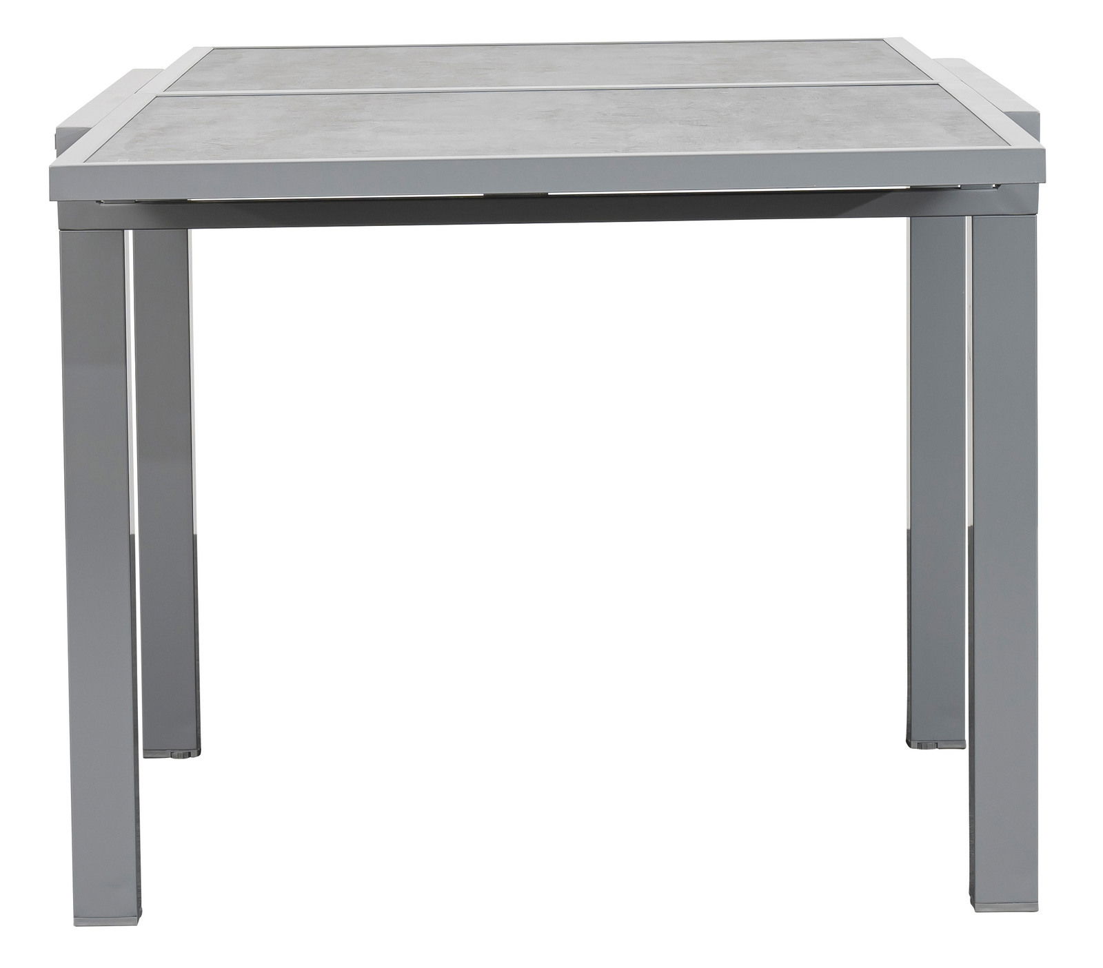 Moderner Gartentisch aus Metall mit grauer Tischplatte, frontale Ansicht
