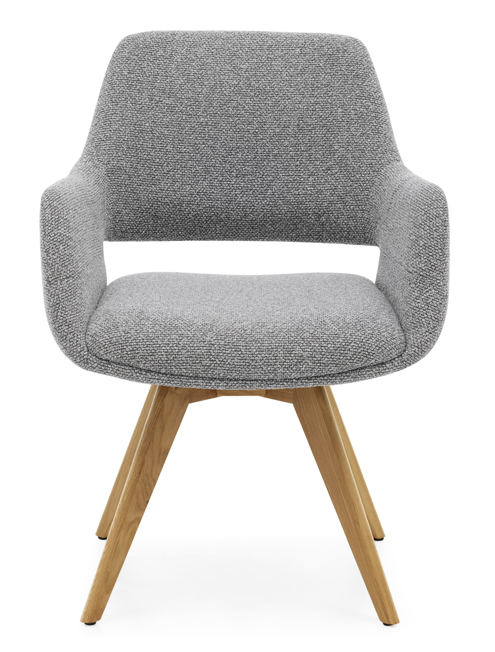 Grauer Armlehnstuhl mit Holzbeinen, Frontalansicht