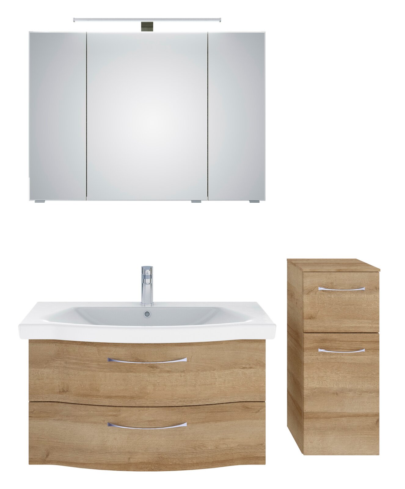 Badezimmermöbel-Set bestehend aus einem Spiegelschrank mit Beleuchtung, einem Waschtisch mit Waschbecken und einem schmalen Hochschrank, aus Holzoptik, frontal abgebildet.