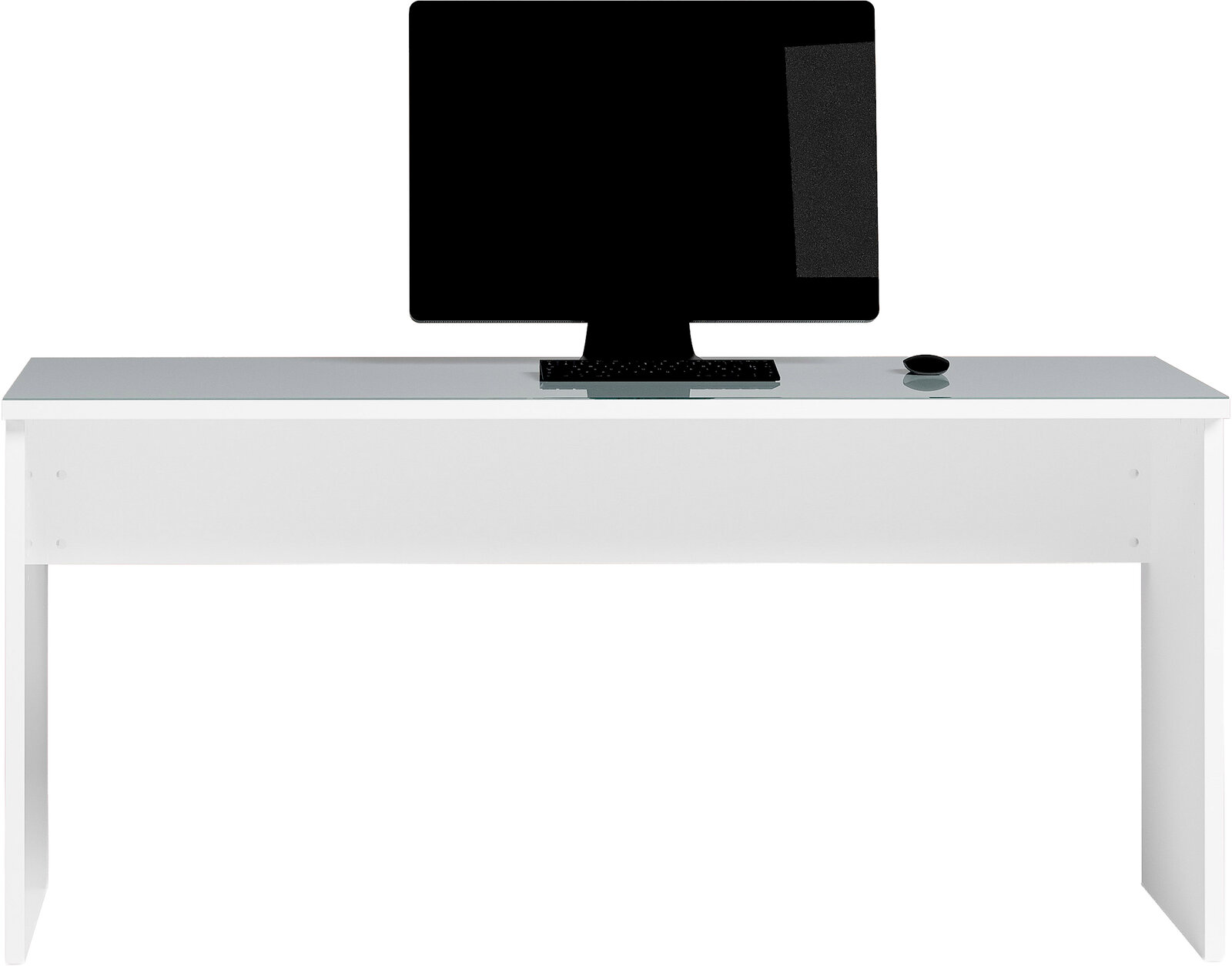 Moderner weißer Schreibtisch mit Glasplatte, darauf ein großer Monitor und eine Maus, Frontalansicht.