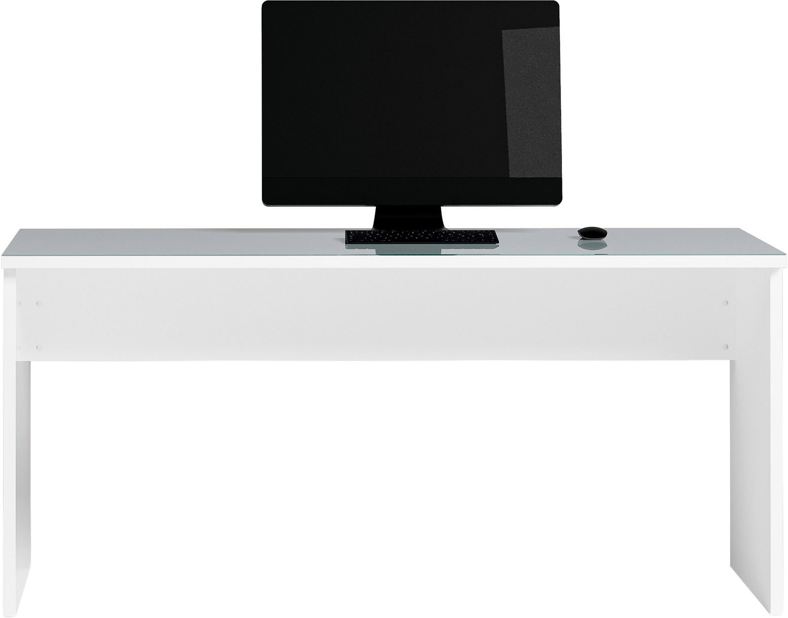 Moderner weißer Schreibtisch mit Glasplatte, darauf ein großer Monitor und eine Maus, Frontalansicht.