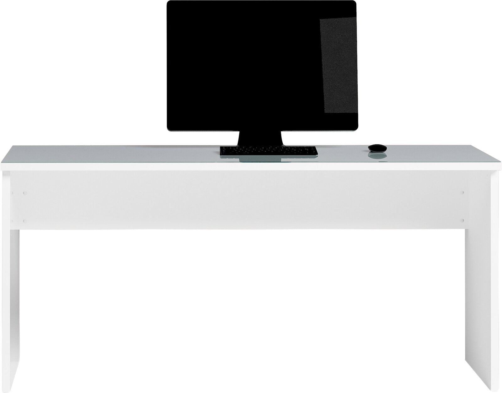 Moderner weißer Schreibtisch mit Glasplatte, darauf ein großer Monitor und eine Maus, Frontalansicht.