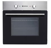 Frontansicht eines modernen Einbaubackofens mit Edelstahlblende und zwei Drehknöpfen.