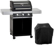 Schwarzer Gasgrill mit drei Drehreglern, Deckelthermometer, seitlichen Ablageflächen und Unterschrank auf Rollen, daneben passende schwarze Grillabdeckung; Ansicht schräg von vorn.