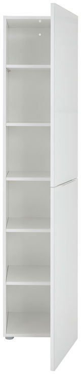 Schmaler weißer Mehrzweckschrank mit fünf offenen Regalböden, seitliche Perspektive