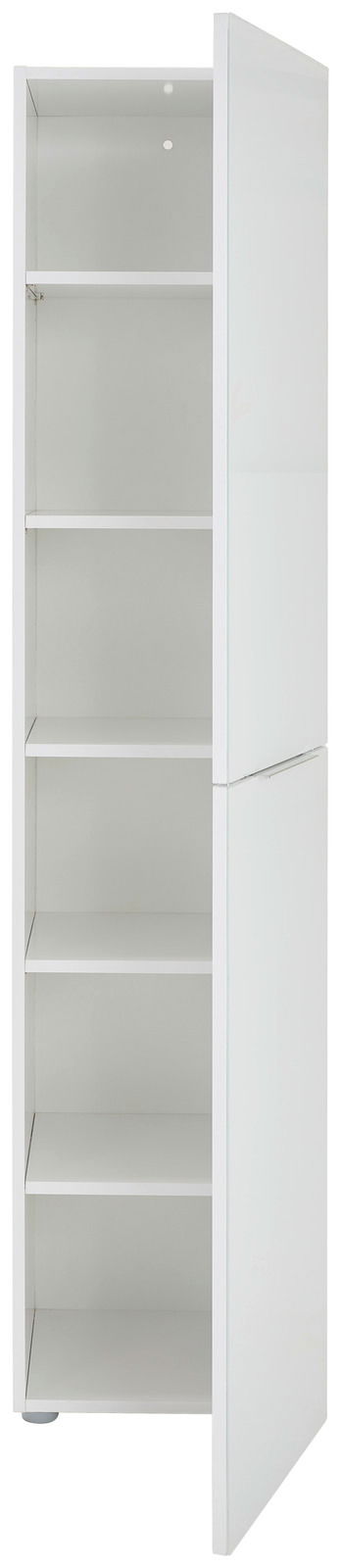 Schmaler weißer Mehrzweckschrank mit fünf offenen Regalböden, seitliche Perspektive