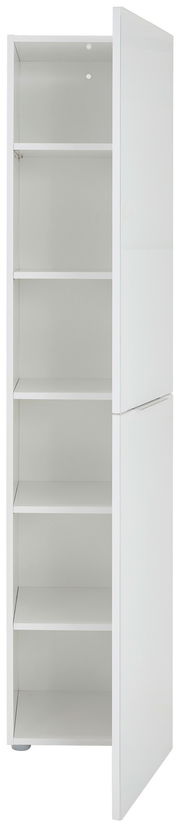 Schmaler weißer Mehrzweckschrank mit fünf offenen Regalböden, seitliche Perspektive