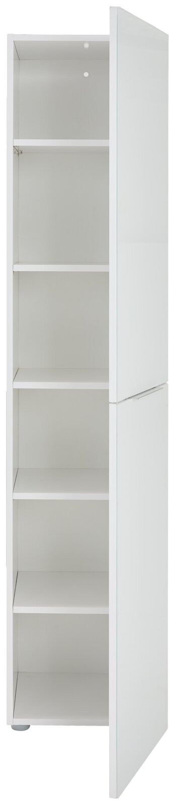 Smalle witte multifunctionele kast met vijf open planken, zijaanzicht