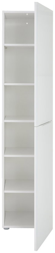 Schmaler weißer Mehrzweckschrank mit fünf offenen Regalböden, seitliche Perspektive