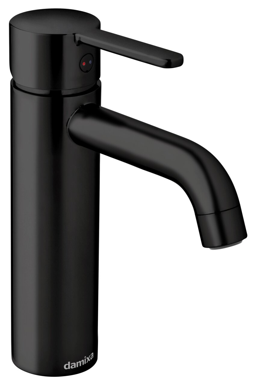 Schwarze Waschtischarmatur mit modernem Design, seitliche Perspektive