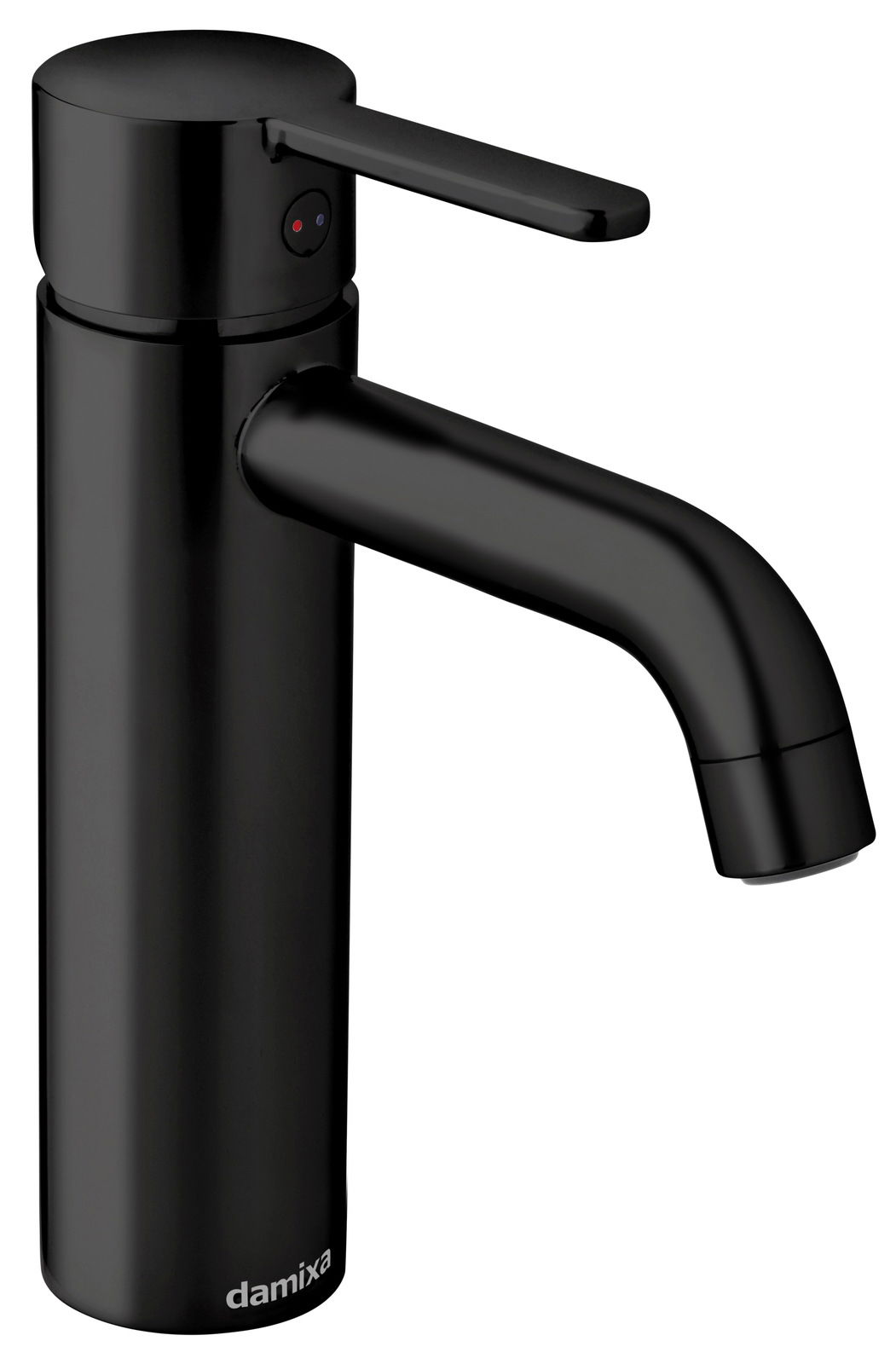 Schwarze Waschtischarmatur mit modernem Design, seitliche Perspektive