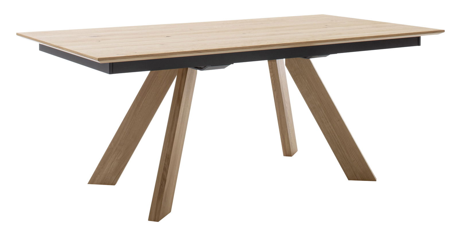 Moderner Esstisch aus Holz mit schrägen Beinen, seitliche Perspektive