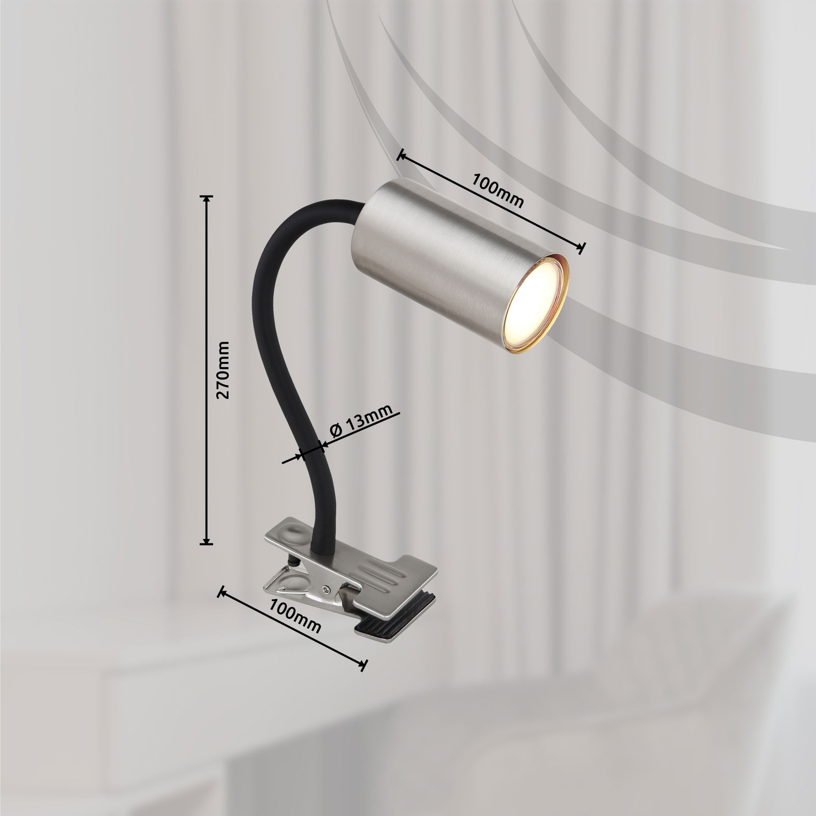 Klemmstrahler aus Metall in Nickel mit flexiblem Hals, seitliche Perspektive