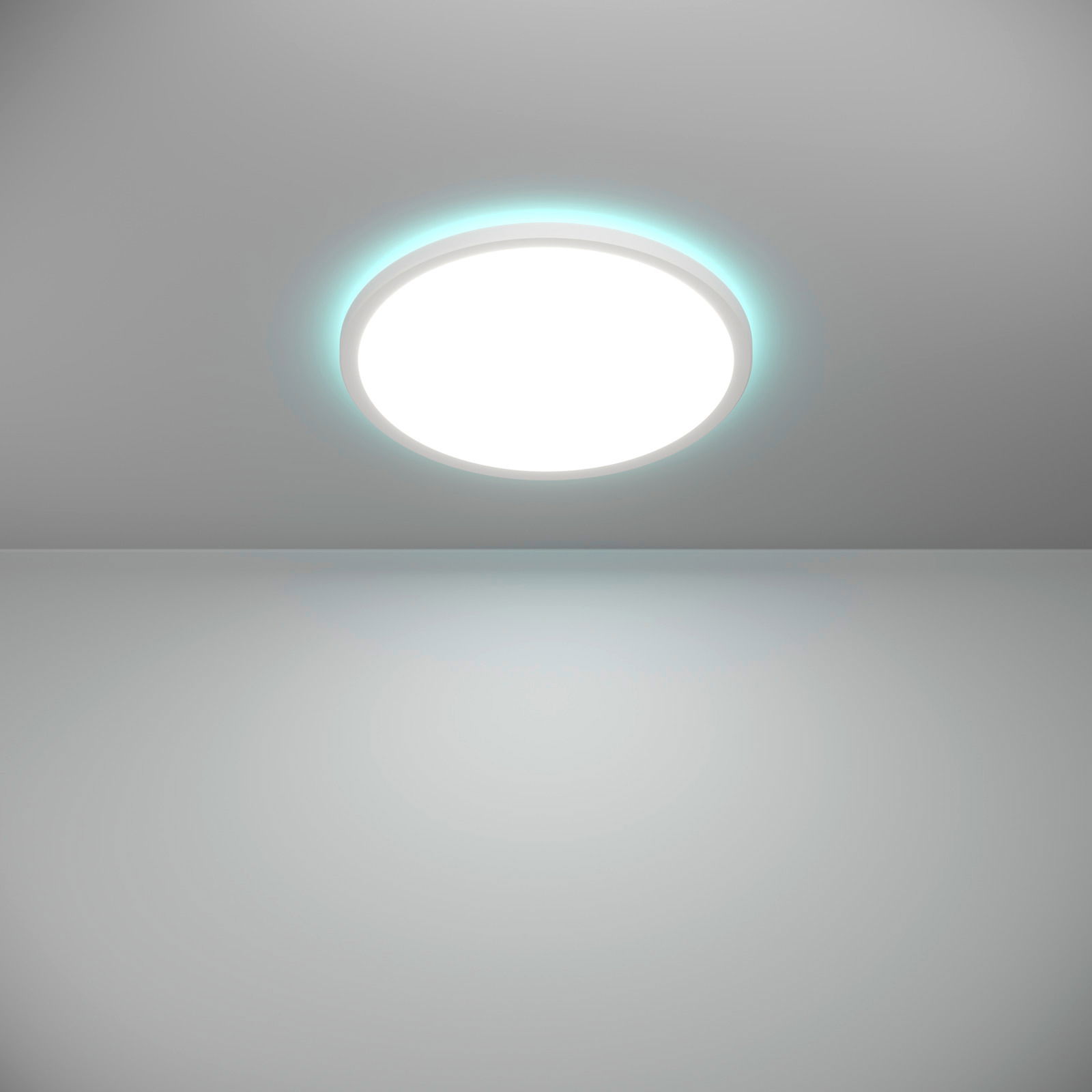 Runde LED-Deckenleuchte ROVITO-Z mit leuchtendem Rand, von unten betrachtet.