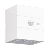 Weiße LED-Solar-Außenwandleuchte mit Bewegungsmelder, seitliche Perspektive