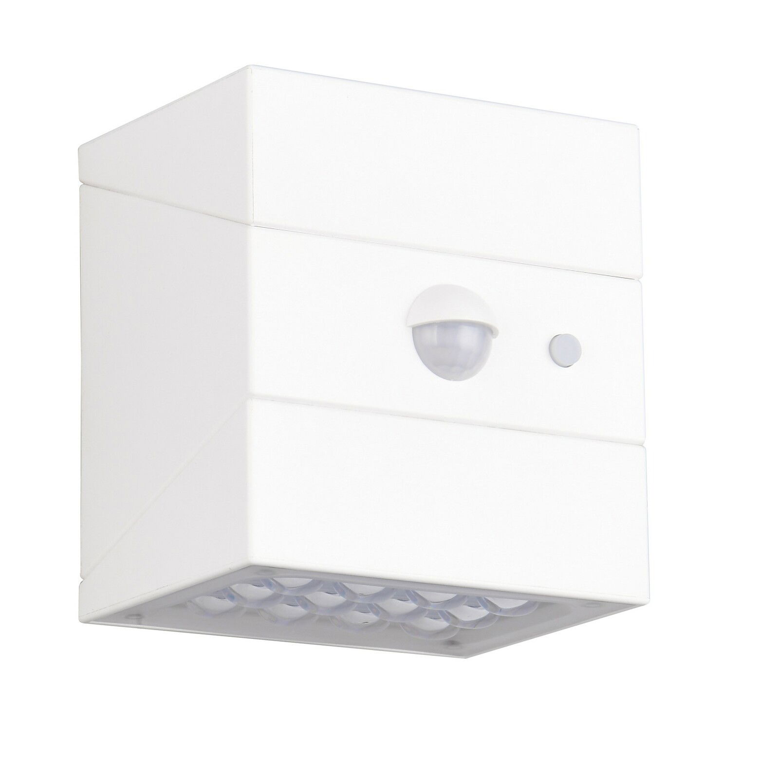 Weiße LED-Solar-Außenwandleuchte mit Bewegungsmelder, seitliche Perspektive