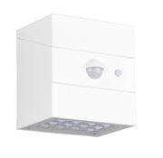 Weiße LED-Solar-Außenwandleuchte mit Bewegungsmelder, seitliche Perspektive