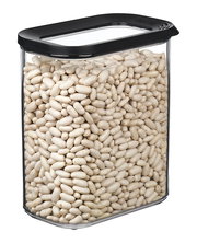 Transparente Vorratsdose Modula 1500 ml mit schwarzem Deckel, gefüllt mit weißen Bohnen, aus seitlicher Perspektive.