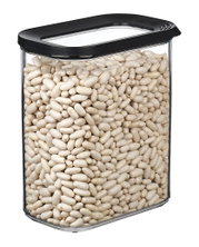 Doorzichtige voorraadbus Modula 1500 ml met zwart deksel, gevuld met witte bonen, gezien vanaf de zijkant.