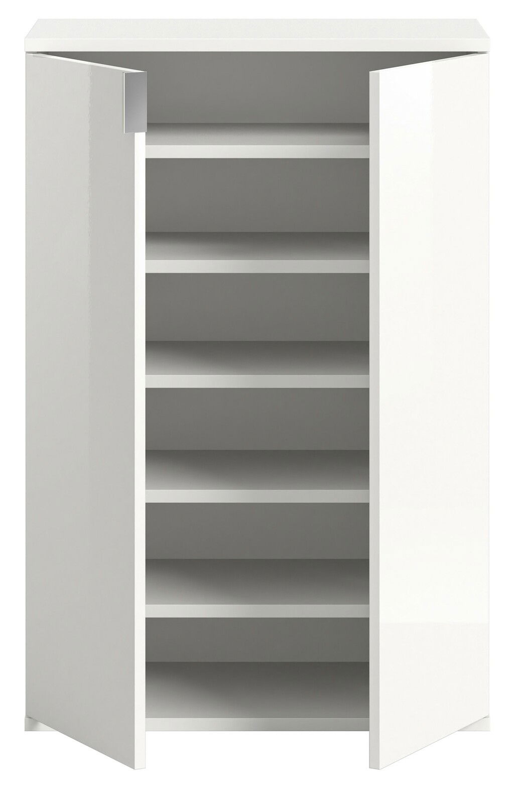 Weiße Schuhkommode mit offenen Türen, frontal betrachtet, zeigt mehrere Regalböden zur Aufbewahrung.