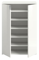 Weiße Schuhkommode mit offenen Türen, frontal betrachtet, zeigt mehrere Regalböden zur Aufbewahrung.