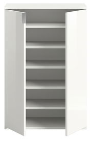 Weiße Schuhkommode mit offenen Türen, frontal betrachtet, zeigt mehrere Regalböden zur Aufbewahrung.