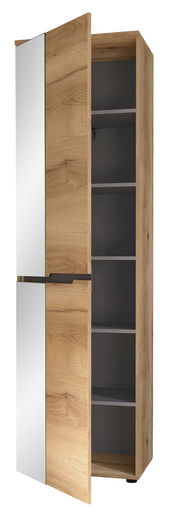 Garderobenschrank aus Holz mit Spiegel, geöffnete Tür, seitliche Perspektive