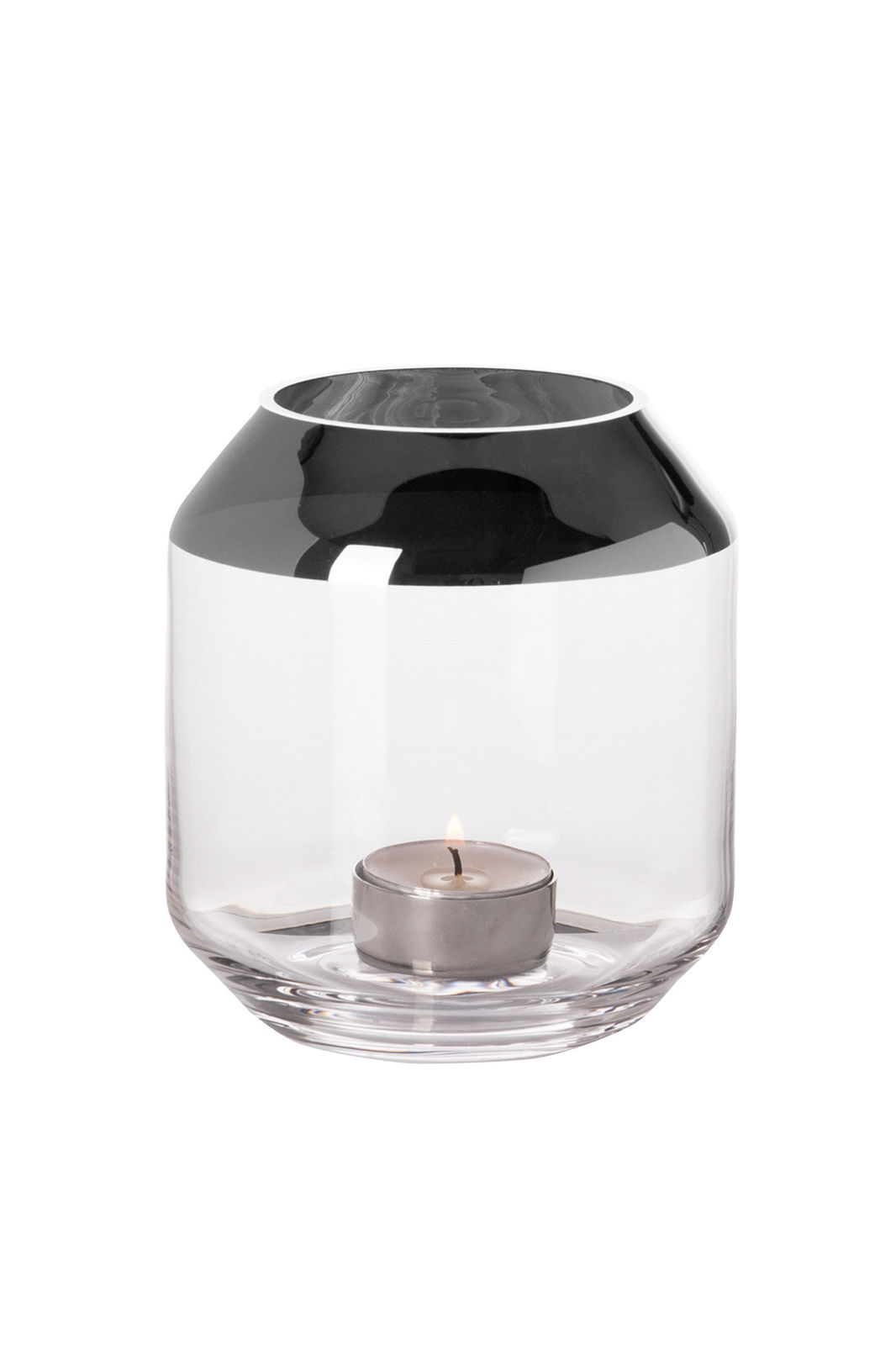 Teelichthalter aus klarem Glas mit schwarzem Rand, frontal fotografiert.