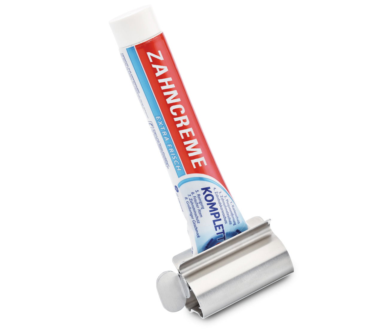 Tubenausdrücker aus Metall mit einer Zahnpastatube, seitliche Perspektive