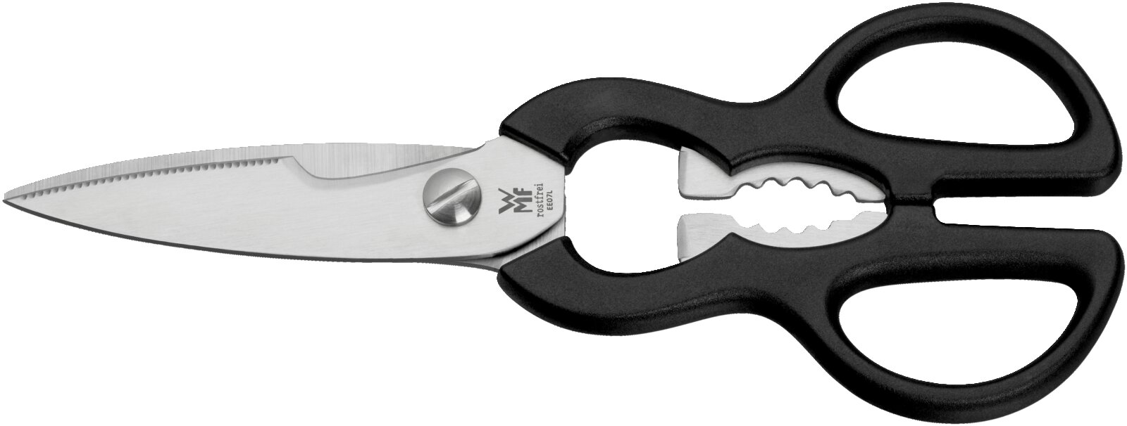 WMF Küchenschere mit Edelstahlklingen und schwarzem Griff, seitliche Ansicht