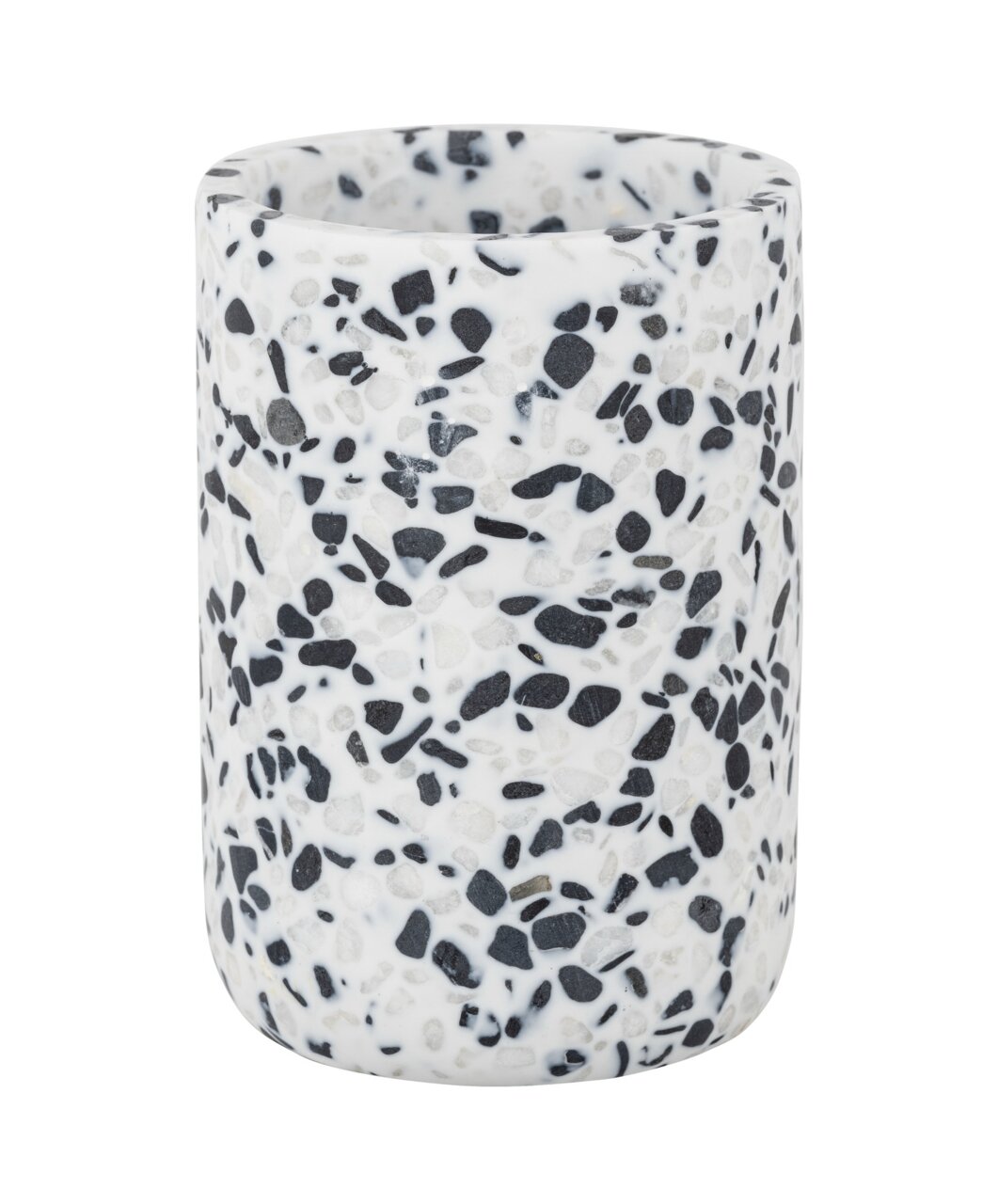 Zahnputzbecher aus Terrazzo-Material mit schwarzem und weißem Muster, seitliche Perspektive