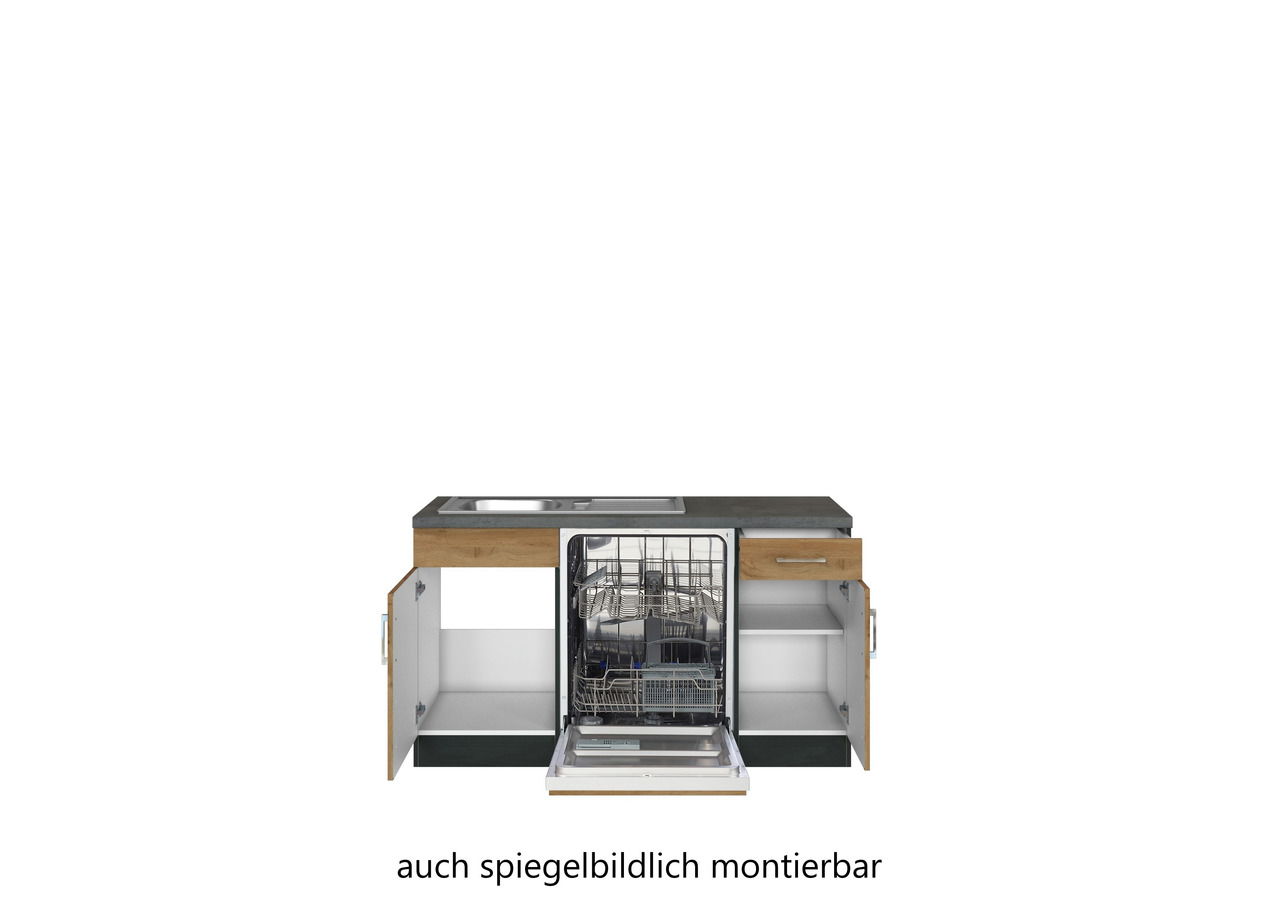 Frontansicht einer Eck-Küchenzeile mit Spüle, Geschirrspüler und offenen Schränken, auch spiegelbildlich montierbar.