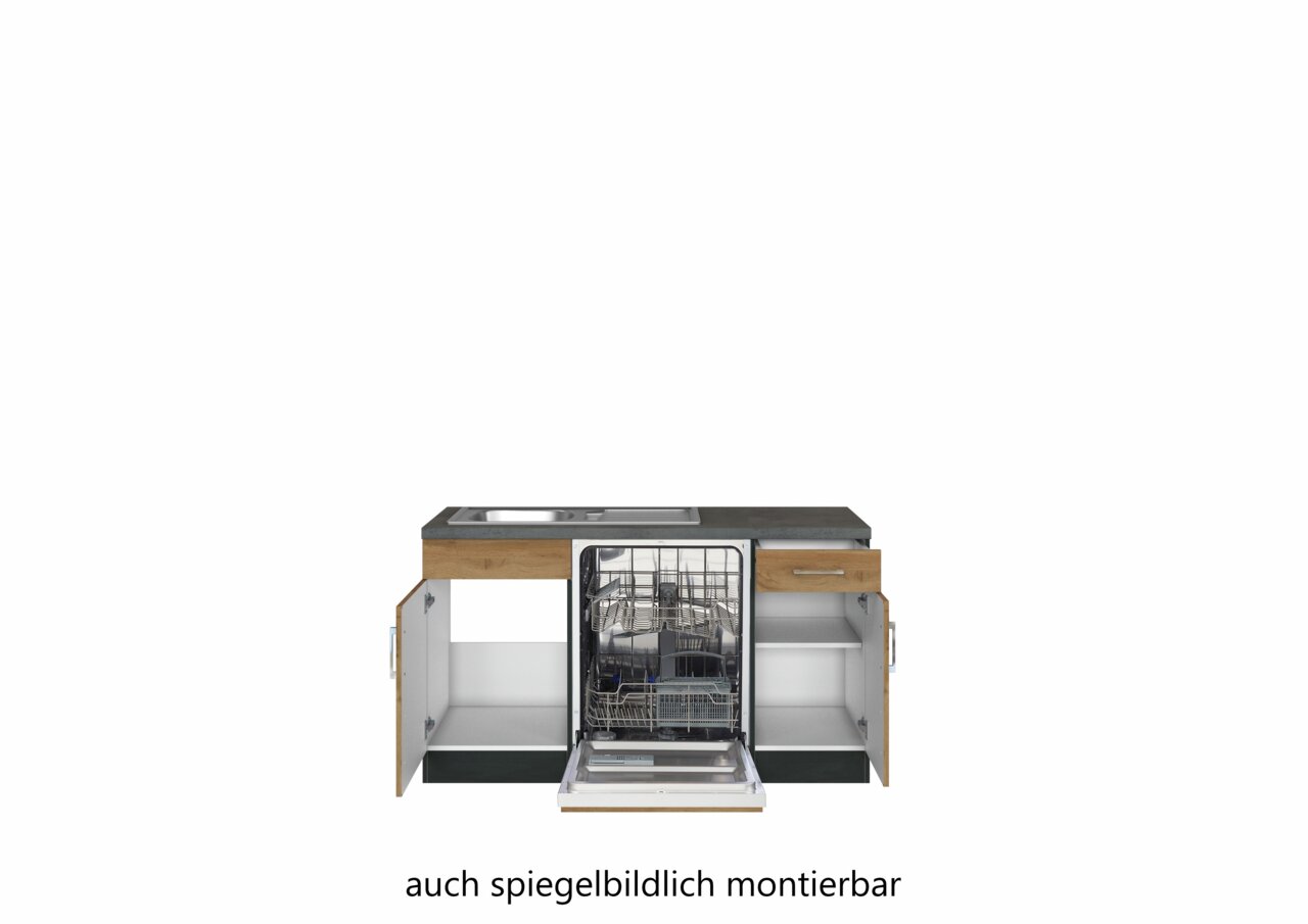 Frontansicht einer Eck-Küchenzeile mit Spüle, Geschirrspüler und offenen Schränken, auch spiegelbildlich montierbar.
