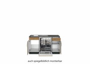 Frontansicht einer Eck-Küchenzeile mit Spüle, Geschirrspüler und offenen Schränken, auch spiegelbildlich montierbar.