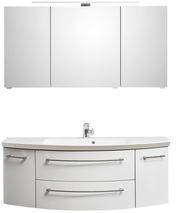 Moderne Badkombination mit dreiteiligem Spiegelschrank und Waschbeckenunterschrank, Frontalansicht