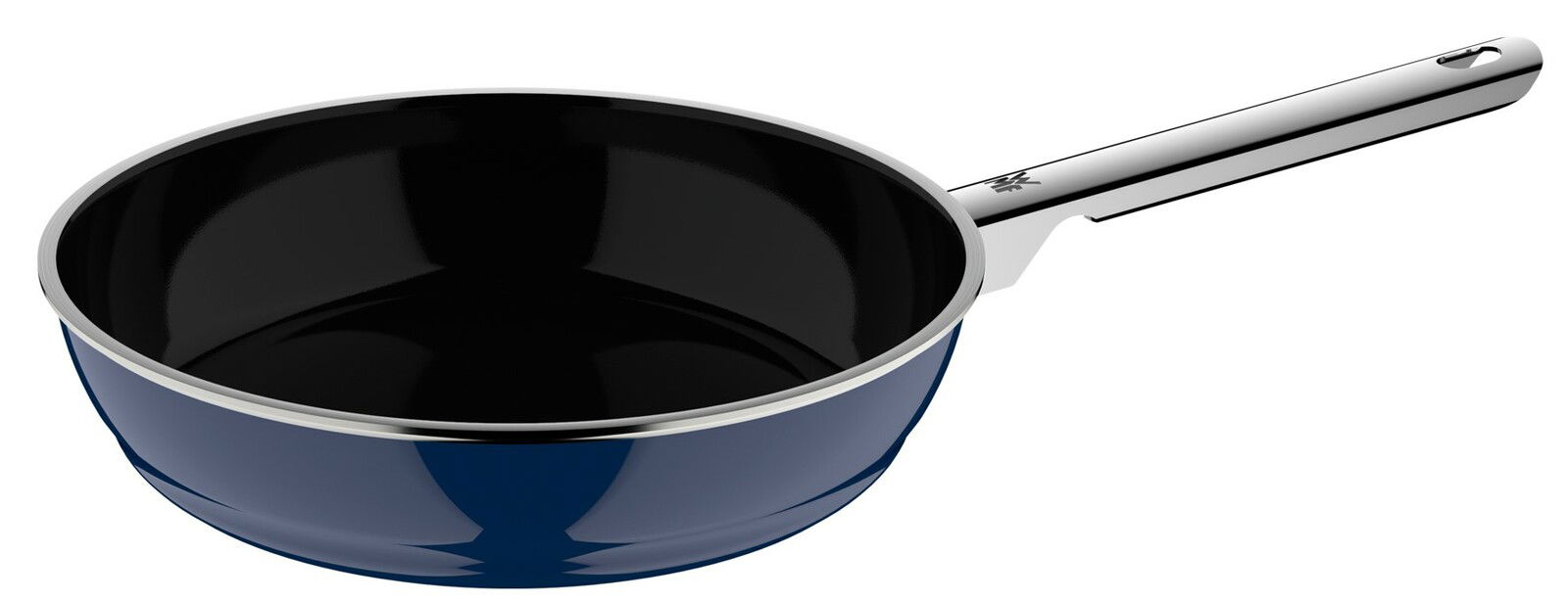 WMF Pfanne Ø24cm FUSIONTEC MINERAL PRO Blaue Pfanne mit schwarzer Innenbeschichtung und silbernem Griff, seitliche Perspektive