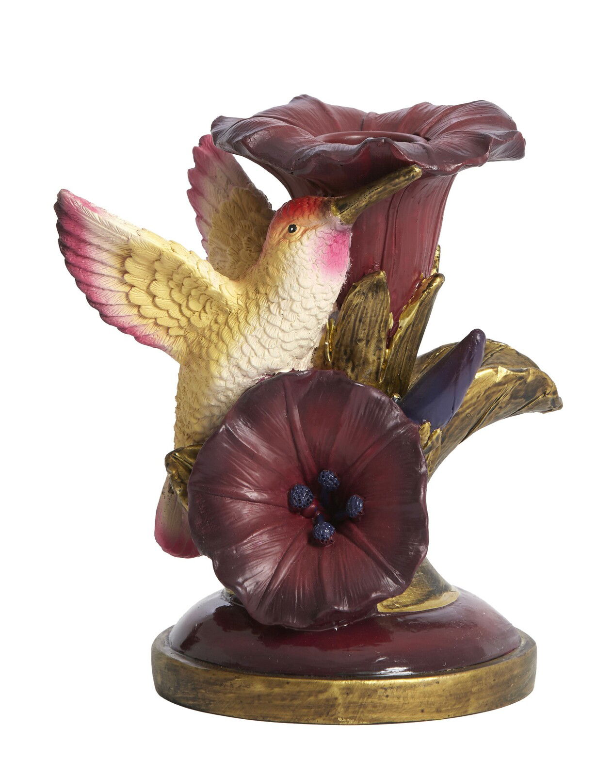 Kerzenständer mit einem detailreichen Design eines Kolibris und einer Blume, seitliche Perspektive.