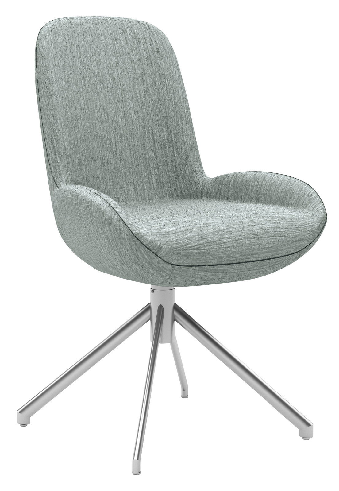 Moderner grauer Stuhl mit gepolsterter Sitzfläche und Rückenlehne, auf einem stabilen Metallgestell mit vier Beinen. Seitenansicht.