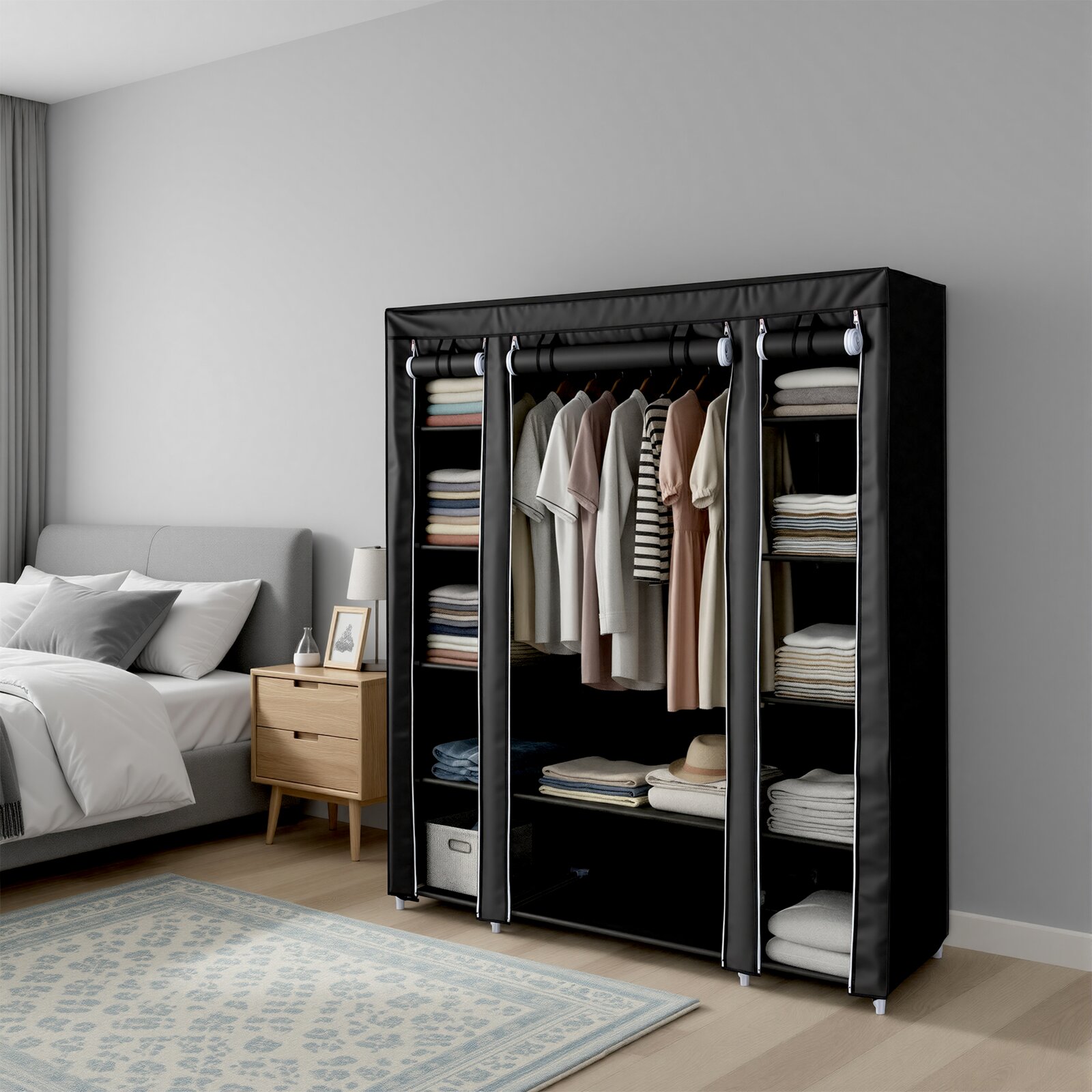 Schwarzer Stoff-Kleiderschrank mit Reißverschluss und mehreren Fächern, vorne leicht schräg von der Seite im Schlafzimmer gezeigt, mit hängender Kleidung und gefalteten Handtüchern.