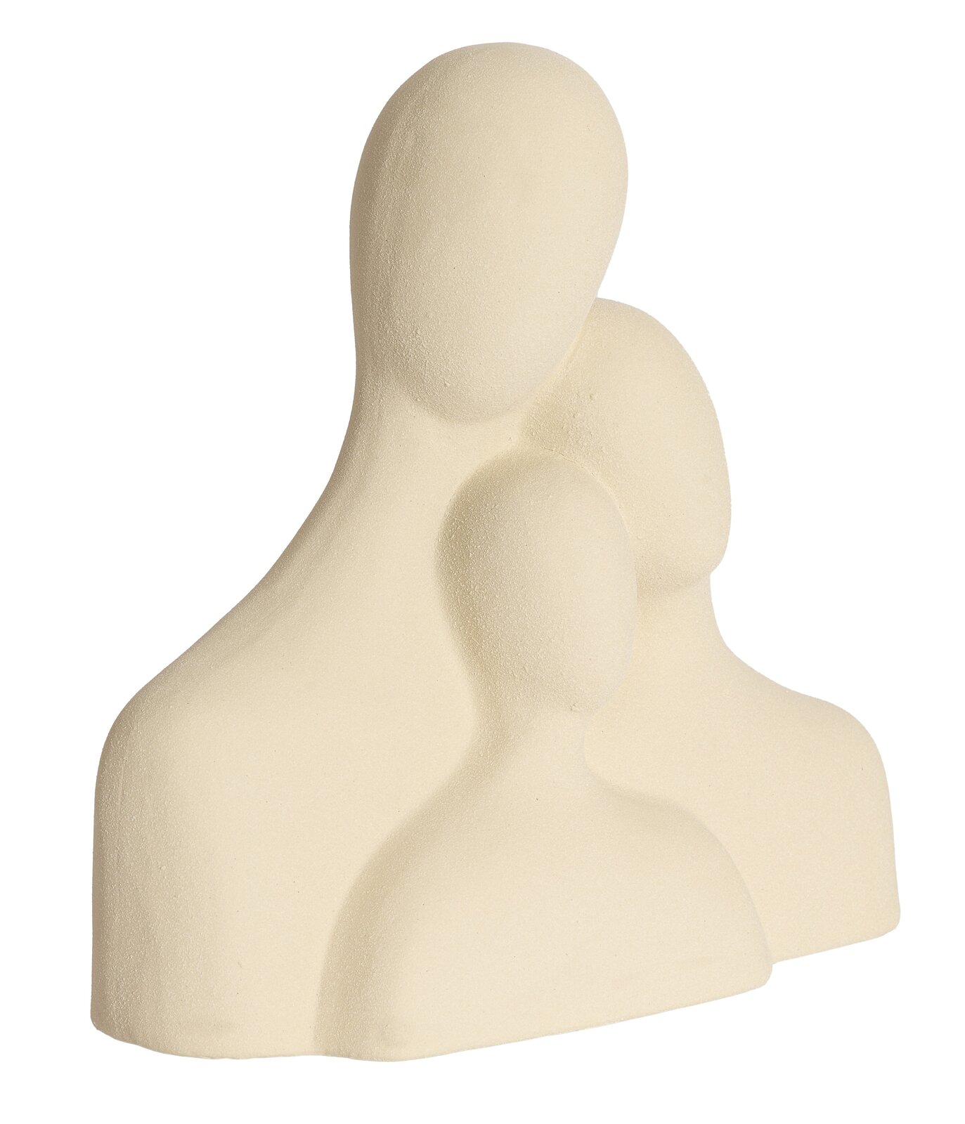 Skulptur aus beigem Material mit drei stilisierten, gesichtslosen Figuren in einer Gruppe, seitliche Perspektive