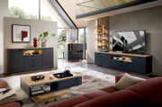 Modernes Wohnzimmer mit stilvollem Sideboard in dunklem Holz und grauen Fronten, seitliche Perspektive.