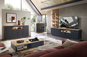 Modernes Wohnzimmer mit stilvollem Sideboard in dunklem Holz und grauen Fronten, seitliche Perspektive.
