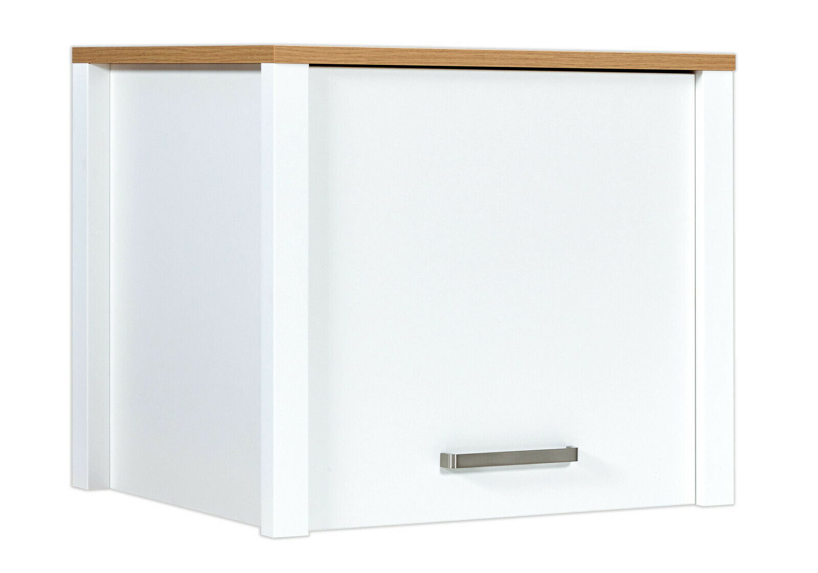 Weißer Schrankaufsatz mit Holzoberfläche und Metallgriff, seitliche Perspektive