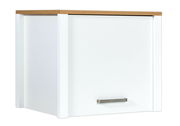 Weißer Schrankaufsatz mit Holzoberfläche und Metallgriff, seitliche Perspektive