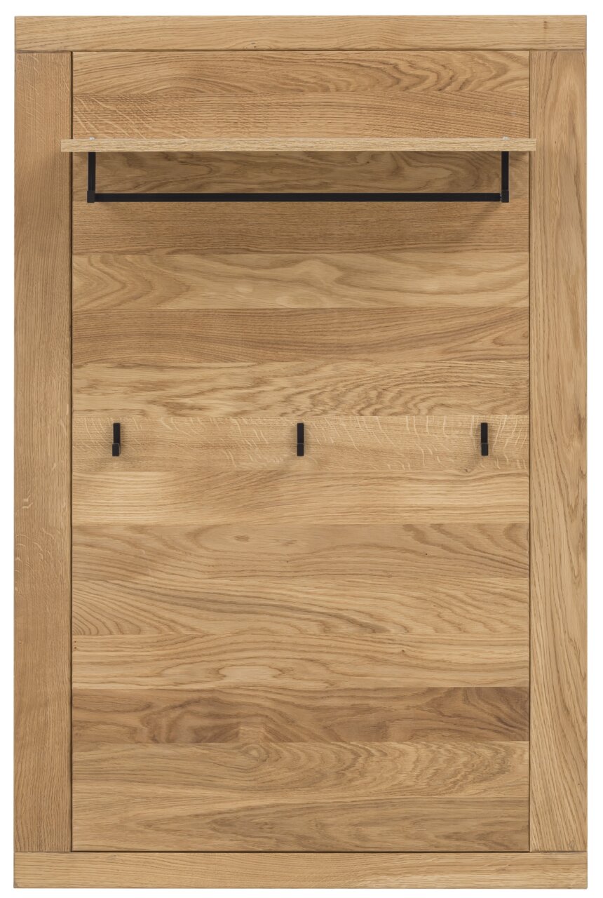 Garderobenpaneel aus Holz mit drei schwarzen Haken und einem Regalbrett, Frontalansicht