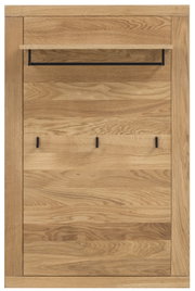 Garderobenpaneel aus Holz mit drei schwarzen Haken und einem Regalbrett, Frontalansicht