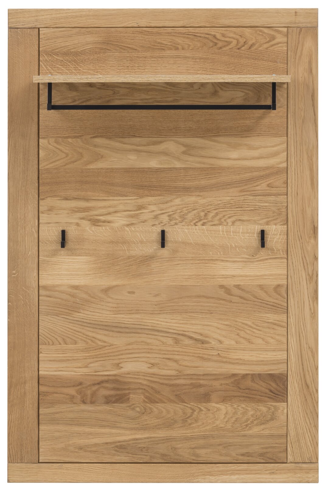 Houten garderobepaneel met drie zwarte haken en een plank, vooraanzicht
