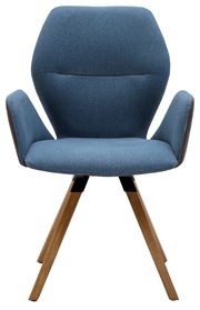 Moderner blauer Armlehnenstuhl mit Holzbeinen, Frontalansicht