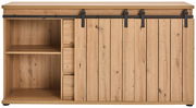Frontansicht eines Sideboards aus Holz mit Schiebetür und offenem Regal.